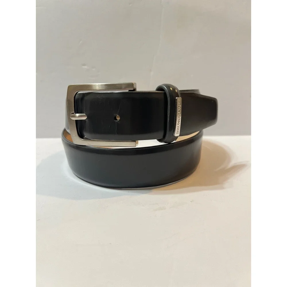 Bruno Magli Mens Black Leather Dress Belt Silver Buckle Size 32 80 Made in PRC